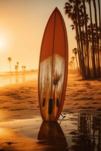 surfboard standing beach sunset aesthetic wallpaper