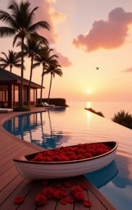 iphone romantic flower wallpaper – sunset pool and red rose boat 