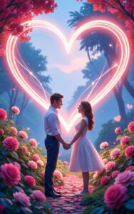 HD romantic glowing heart wallpaper under night sky