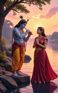 Lord Krishna playing flute near lake while Radha stands praying, spiritual sunset scene