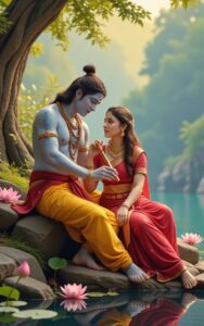Krishna sitting beside Radha near peaceful lake – romantic devotional wallpaper