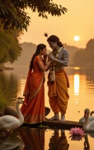 Krishna and Radha standing on river edge surrounded by white swans during sunset