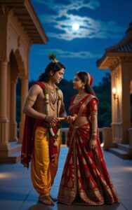 Radha Krishna in palace under night sky and moon – royal Hindu wallpaper
