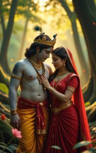 Radha Krishna romantic pose in forest – spiritual love wallpaper HD