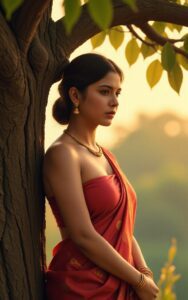Beautiful Indian woman in red saree standing by tree – devotional character portrait