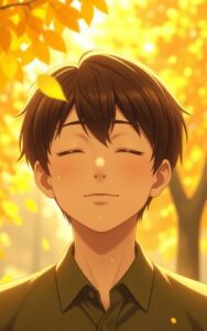 smiling anime boy sunset soft scene wallpaper