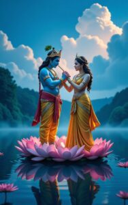 Lord Krishna playing flute while Radha stands on lotus – divine blue god wallpaper