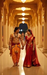 Radha Krishna walking and holding hands inside palace corridor – romantic divine wallpaper