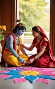 Radha making rangoli with Krishna sitting near her – Indian festival devotional wallpaper