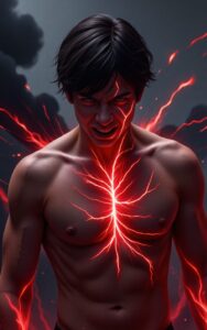 glowing red core chest anime boy power wallpaper