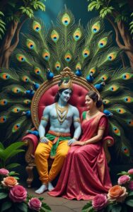 Krishna sitting on peacock-feather throne with Radha – majestic royal wallpaper