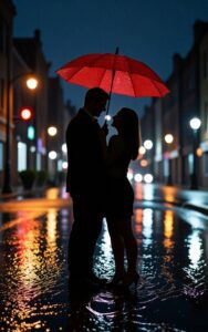 Couple under umbrella rain night road wallpaper