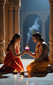 Radha offering lotus diya to Krishna inside ancient temple, spiritual worship scene