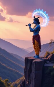 Krishna playing flute standing on high cliff with divine glowing aura, mountain background