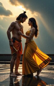 Radha Krishna romantic moment in rain, golden evening light reflection