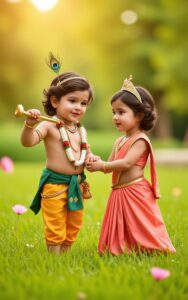 Little Bal Krishna and little Radha holding hands in garden, cute kids devotional wallpaper