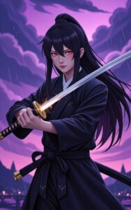 female anime ninja warrior dark background