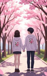 Couple under pink cherry blossom romantic wallpaper
