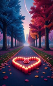 Love path glowing heart romantic forest wallpaper