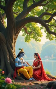 Radha sitting under tree while Krishna plays flute near lake, divine peaceful moment