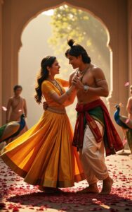 Radha Krishna dancing with peacocks around – joyful Hindu love wallpaper