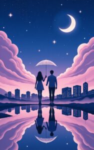 Romantic couple on moonlight night bridge wallpaper