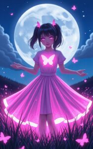 pink dress anime girl glowing background wallpaper