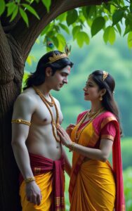 Radha Krishna standing under a tree, looking into each other’s eyes, devotional love scene