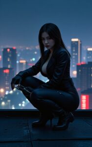 sitting anime girl in hoodie cyber wallpaper