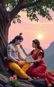 Radha feeding Krishna fruits sitting under a big tree at sunset, devotional love