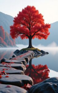 iphone nature wallpaper – red tree reflection and stone path 