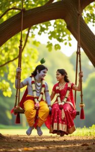 Radha Krishna sitting together on a swing tied to a tree, smiling and looking at each other