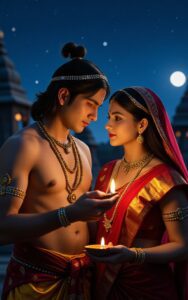 Radha Krishna holding a diya together during a romantic night under the full moon – divine love wallpaper