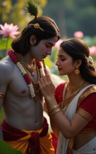 Krishna playing flute while Radha gently holds his hand surrounded by lotus flowers – peaceful Radha Krishna wallpaper