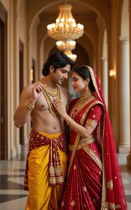 Radha Krishna standing together in palace hallway wearing red and yellow traditional attire – devotional couple wallpaper