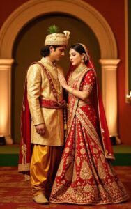 Radha Krishna dressed in golden red royal wedding attire – divine romantic couple wallpaper.