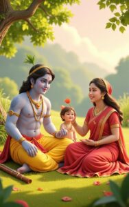 Radha Krishna sitting with baby Krishna in garden – spiritual divine family wallpaper.