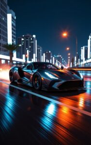 Cyberpunk night city skyline lights