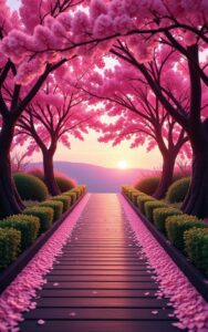 iphone flower nature wallpaper – pink blossom pathway at sunset 