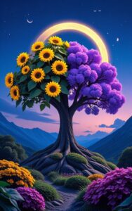 iphone fantasy nature wallpaper – sunflower and purple tree with crescent moon 