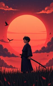 Sunset silhouette person red sky