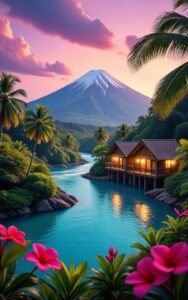 iphone nature wallpaper – tropical river cabin and mountain sunset 