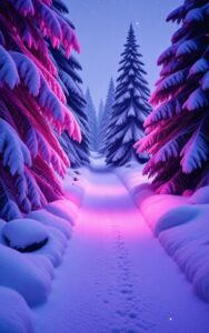 iphone winter wallpaper – snowy forest path with pink glow 