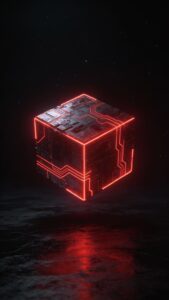 Neon cube glowing red digital wallpaper
