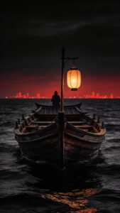 Minimal boat under red moon wallpaper